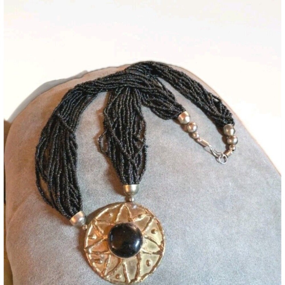 Vintage Multi Strand Black Seed Bead Celestial Necklace Sunburst Large Pendant - Picture 2 of 4